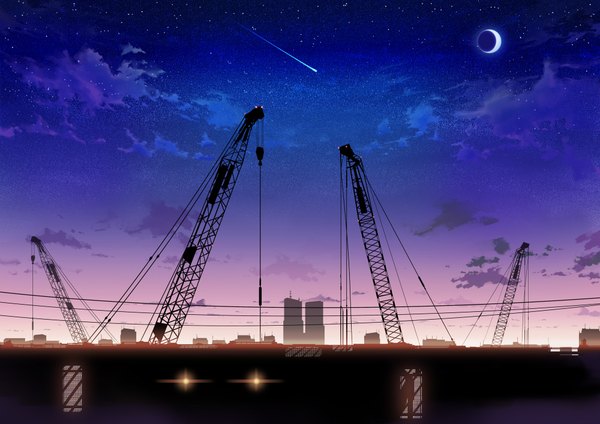 Anime picture 2000x1414 with original inz (pixiv) highres cloud (clouds) night sky evening scenic crescent shooting star building (buildings) star (stars) crane