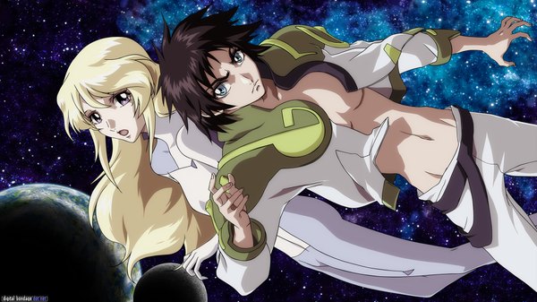 Anime picture 1920x1080 with heroic age xebec age (heroic age) dhianeila deianeira hirai hisashi long hair looking at viewer highres short hair open mouth blue eyes black hair blonde hair brown hair wide image purple eyes signed open jacket wallpaper