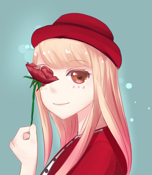 Anime picture 1634x1882 with original kaerou single long hair tall image looking at viewer fringe blonde hair brown eyes upper body portrait blue background covering eye (eyes) flower over eye girl flower (flowers) hat