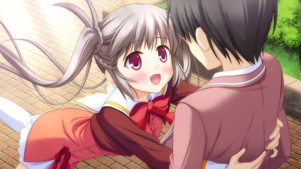 Anime picture 1920x1080 with canvas 4 (game) hitose mitsuba amakusa tobari long hair blush highres short hair open mouth black hair red eyes wide image twintails game cg silver hair from above loli girl boy serafuku