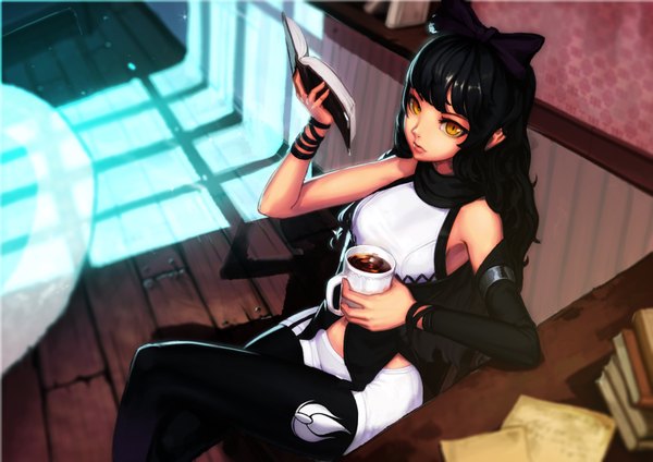 Anime picture 3508x2480 with rwby rooster teeth blake belladonna pjman single long hair looking at viewer fringe highres black hair sitting holding yellow eyes absurdres arm up from above shadow armpit (armpits) steam dust