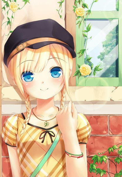 Anime picture 800x1155 with original tiphereth single long hair tall image looking at viewer blush blue eyes blonde hair smile braid (braids) twin braids girl dress flower (flowers) flat cap