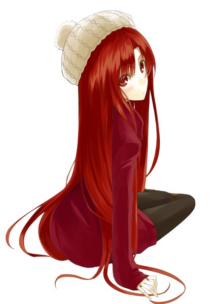 Anime picture 800x1131 with original kushia microphylla kauto single long hair tall image looking at viewer blush simple background red eyes white background sitting red hair very long hair looking back from behind turning head sleeves past wrists yokozuwari girl