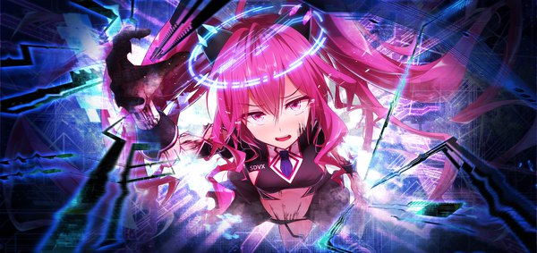 Anime picture 2100x992 with sound voltex rasis bae.c single long hair looking at viewer highres open mouth light erotic wide image twintails animal ears payot pink hair pink eyes tears fake animal ears outstretched hand girl halo