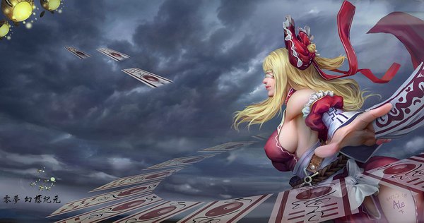 Anime picture 1600x843 with touhou hakurei reimu donpatch donpatch single long hair fringe breasts light erotic blonde hair wide image large breasts bare shoulders signed cloud (clouds) profile lips realistic alternate costume erect nipples sideboob