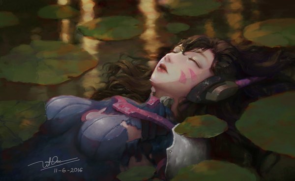 Anime picture 1920x1177 with overwatch blizzard entertainment d.va (overwatch) dao trong le single long hair fringe highres hair between eyes brown hair wide image signed eyes closed parted lips realistic lipstick partially submerged torn clothes facial mark dated