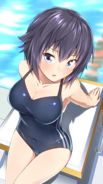 Anime picture 720x1280 with photokano sanehara hikari ninnzinn single tall image blush short hair breasts blue eyes light erotic black hair girl swimsuit pool