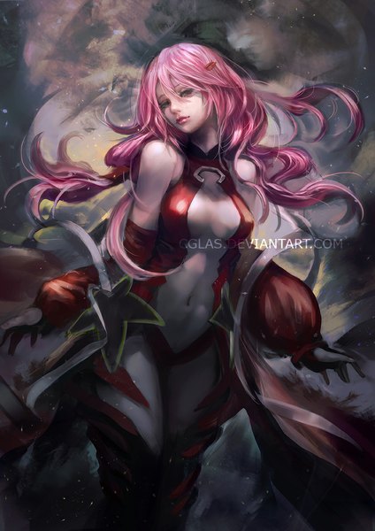 Anime picture 842x1191 with guilty crown production i.g yuzuriha inori cglas single tall image looking at viewer fringe breasts light erotic red eyes large breasts twintails pink hair outdoors parted lips head tilt wind lips night