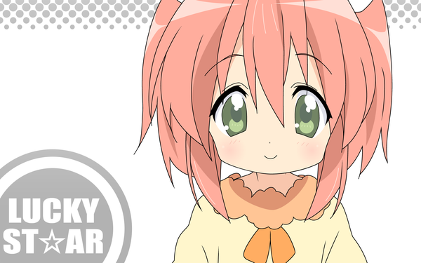 Anime picture 1920x1200 with lucky star kyoto animation kobayakawa yutaka single looking at viewer blush fringe highres short hair simple background smile hair between eyes wide image white background green eyes pink hair upper body copyright name girl