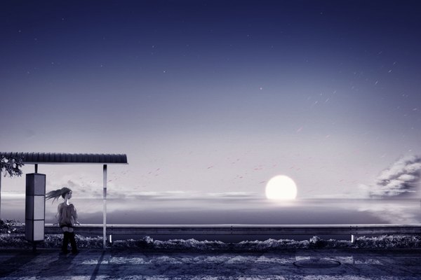 Anime picture 1500x1000 with original qsixtynine single long hair sitting sky cloud (clouds) ponytail evening sunset girl petals boots moon full moon