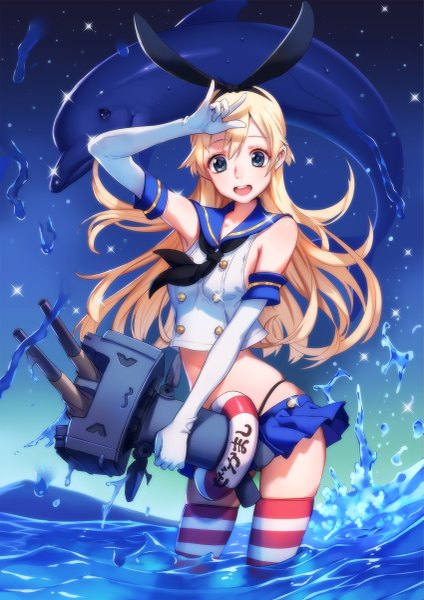 Anime picture 1697x2400 with kantai collection shimakaze destroyer rensouhou-chan mhk (mechamania) single long hair tall image looking at viewer open mouth blonde hair bare shoulders black eyes :3 > < girl thighhighs skirt gloves bow hair bow