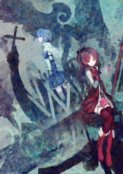 Anime picture 1075x1518 with mahou shoujo madoka magica shaft (studio) sakura kyouko miki sayaka organ derwald long hair tall image short hair red eyes sitting purple eyes multiple girls blue hair red hair profile girl thighhighs 2 girls boots