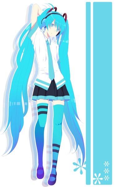 Anime picture 780x1200 with vocaloid hatsune miku harano single tall image looking at viewer blue eyes twintails blue hair very long hair zettai ryouiki girl thighhighs skirt shirt necktie headphones