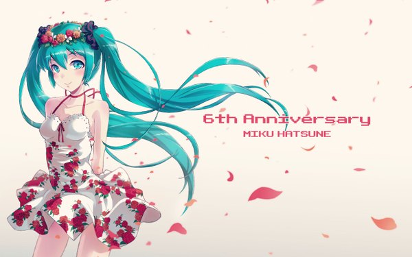 Anime picture 2560x1600 with vocaloid hatsune miku 40hara single long hair blush highres simple background smile wide image twintails hair flower aqua eyes wind aqua hair inscription wallpaper character names floral print hands behind back