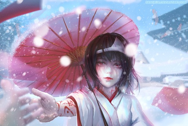 Anime picture 1500x1006 with noragami studio bones nora (noragami) sangrde looking at viewer fringe short hair black hair red eyes holding signed traditional clothes japanese clothes lips blurry wide sleeves depth of field lipstick tears watermark