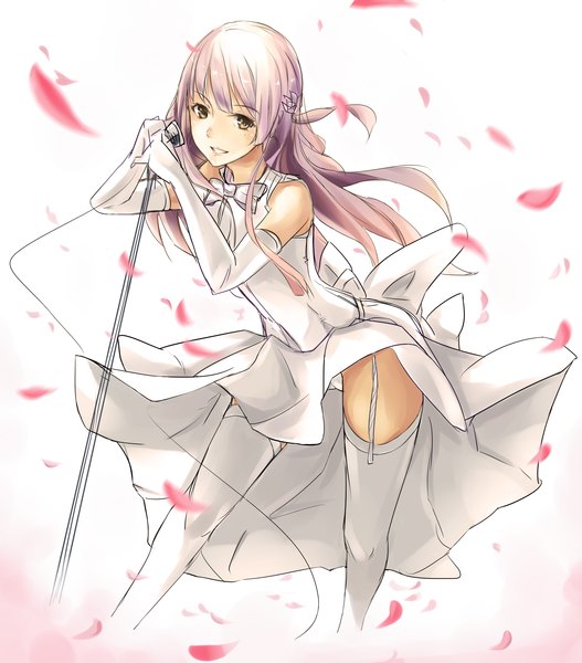Anime picture 2940x3350 with vocaloid megurine luka phantania long hair tall image looking at viewer fringe highres simple background smile standing white background brown eyes pink hair legs thighhighs dress gloves hair ornament bow