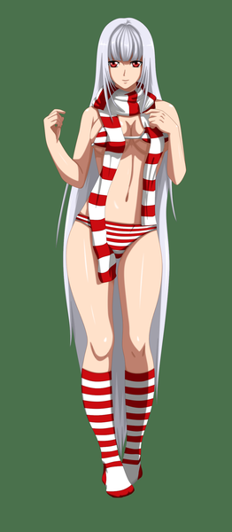Anime picture 1000x2287 with nekanon aida (nekanon) flowerinhell single long hair tall image looking at viewer fringe breasts light erotic blonde hair simple background smile red eyes large breasts standing bare shoulders silver hair midriff thighs