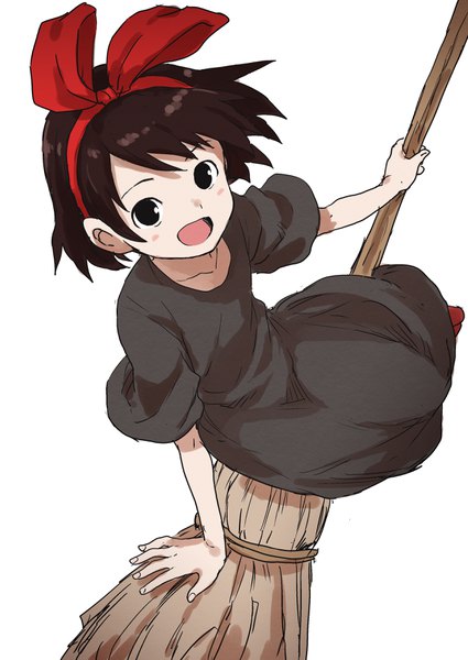 Anime picture 2508x3541 with kiki's delivery service studio ghibli kiki yamamoto souichirou single tall image highres short hair open mouth black hair simple background white background :d from above black eyes flying witch girl dress bow