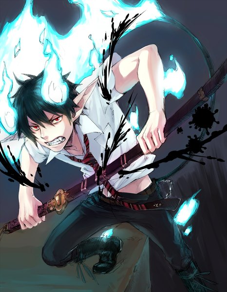 Anime picture 1500x1931 with ao no exorcist a-1 pictures okumura rin uraki (tetsu420) single tall image short hair black hair red eyes pointy ears grey background teeth fang (fangs) grin glowing demon tail ready to draw boy weapon shirt