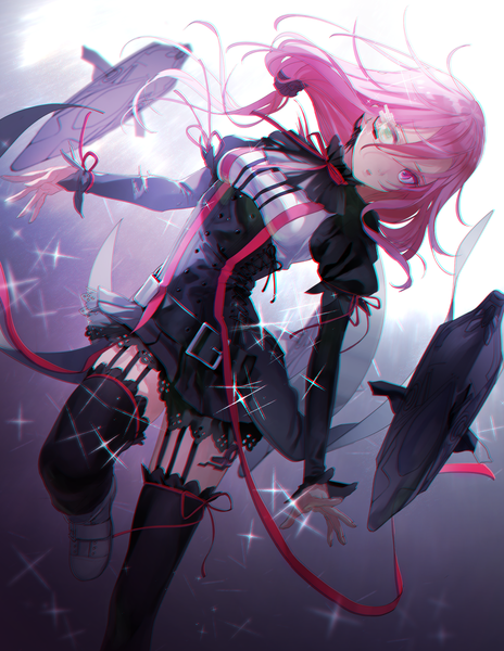 Anime picture 1350x1744 with guilty crown production i.g yuzuriha inori g.g.lemon single long hair tall image looking at viewer pink hair pink eyes sparkle leaning heterochromia low ponytail leg lift (legs lift) anaglyph girl thighhighs dress ribbon (ribbons)