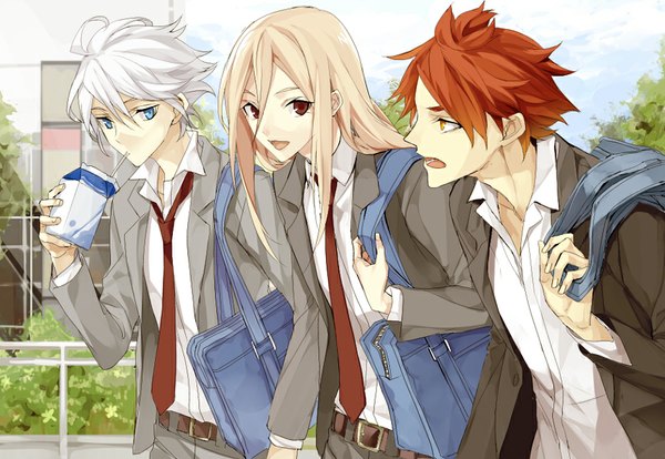 Anime picture 900x621 with inazuma eleven inazuma eleven go afuro terumi nagumo haruya suzuno fuusuke izumi (nagashi) long hair short hair open mouth blue eyes red eyes yellow eyes pink hair ahoge white hair red hair profile multiple boys open collar drinking