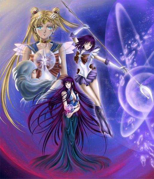 Anime picture 1160x1353 with bishoujo senshi sailor moon toei animation tsukino usagi sailor moon tomoe hotaru sailor saturn mistress 9 mistress spencer spaceweaver long hair tall image short hair blue eyes blonde hair twintails purple eyes multiple girls cleavage purple hair eyes closed