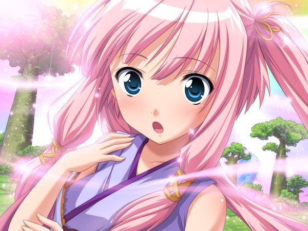 Anime picture 1024x768 with hime to majin to koi suru tamashii blue eyes pink hair game cg close-up girl