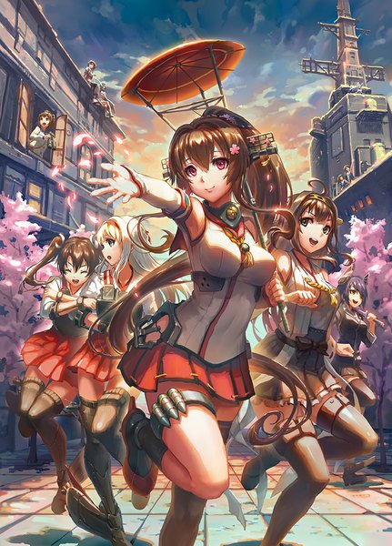 Anime picture 790x1100 with kantai collection kongou battleship yamato super battleship tenryuu light cruiser shoukaku aircraft carrier yukikaze destroyer zuikaku aircraft carrier choukai heavy cruiser maya heavy cruiser kiso light cruiser naka light cruiser akashi repair ship haoni long hair tall image short hair open mouth black hair red eyes brown hair