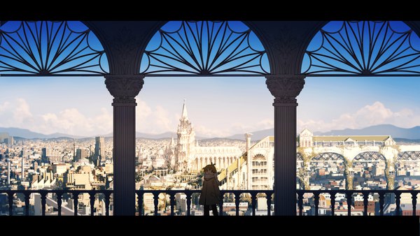 Anime picture 1920x1083 with original rella single looking at viewer highres short hair smile brown hair wide image brown eyes sky cloud (clouds) sunlight city cityscape walking boy scarf building (buildings) coat