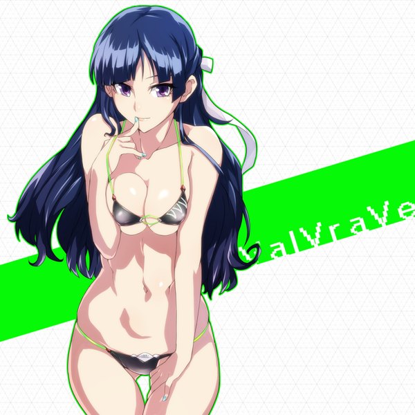 Anime picture 1540x1540 with kakumeiki valvrave sunrise (studio) rukino saki ban! (bansankan) single long hair breasts light erotic purple eyes blue hair finger to mouth girl navel swimsuit bikini black bikini