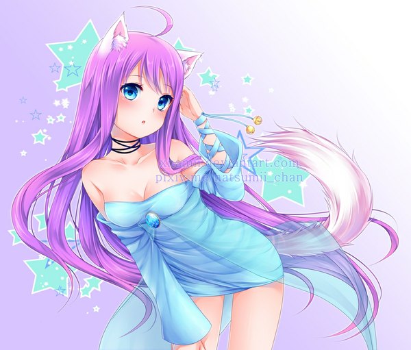 Anime picture 1100x938 with nami (nyaa) single blush blue eyes bare shoulders animal ears pink hair tail very long hair animal tail cat ears cat tail girl dress detached sleeves