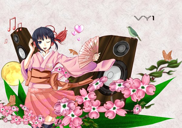 Anime picture 1076x760 with vocaloid vy1 (mizki) oimari (artist) open mouth blue eyes black hair japanese clothes one eye closed wink music girl flower (flowers) animal heart headphones bird (birds) insect butterfly speakers