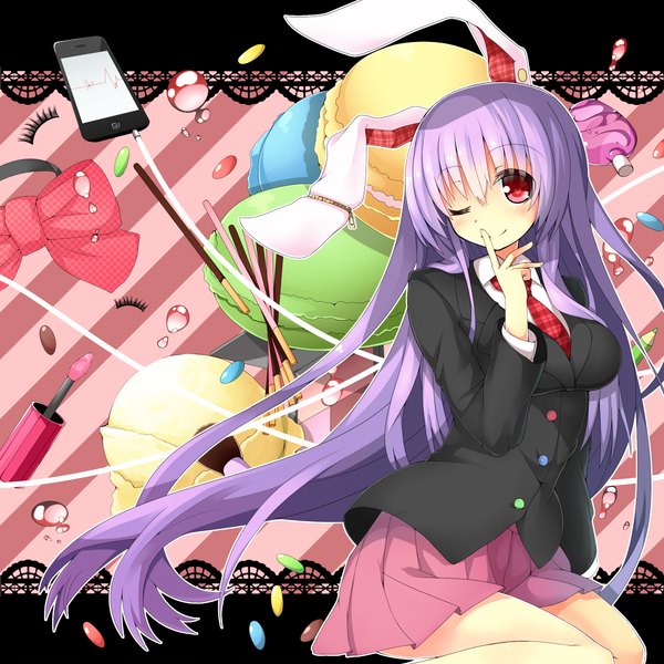 Anime picture 1200x1200 with touhou reisen udongein inaba ken123456 single long hair looking at viewer smile red eyes purple hair one eye closed wink bunny ears finger to mouth girl skirt miniskirt food sweets pocky iphone