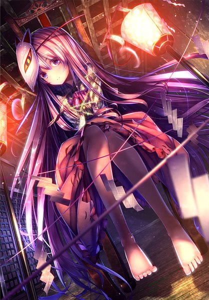 Anime picture 1000x1436 with touhou hata no kokoro ryosios single tall image looking at viewer sitting purple eyes purple hair very long hair barefoot bare legs bondage mask on head girl dress mask lamp