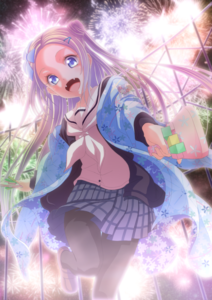 Anime picture 905x1280 with hanayamata madhouse hana n. fontainestand budda single long hair tall image looking at viewer open mouth blue eyes blonde hair standing bent knee (knees) pleated skirt night teeth hair bun (hair buns) fang (fangs) night sky outstretched arm