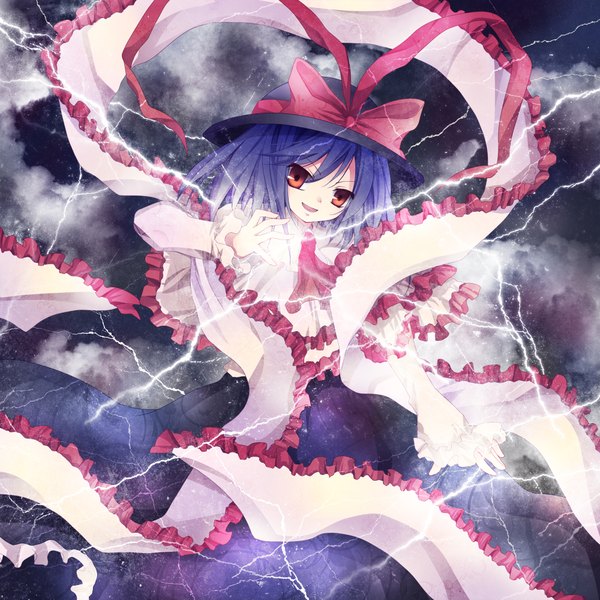 Anime picture 2000x2000 with touhou nagae iku mikazuki sara highres short hair smile red eyes blue hair magic lightning girl bow ribbon (ribbons) hat