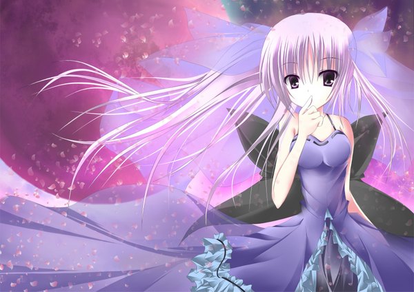Anime picture 3508x2480 with nanahosi seiiki (artist) single long hair highres purple eyes bare shoulders absurdres white hair loli finger to mouth girl dress bow petals veil