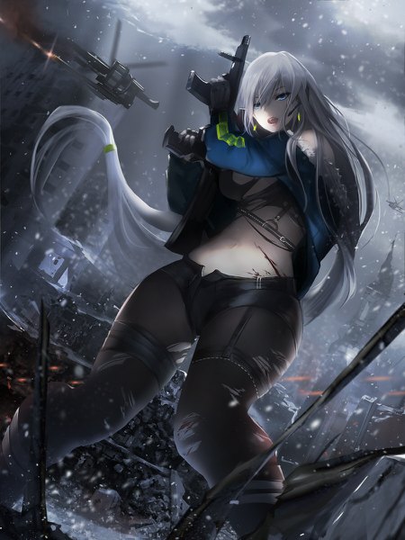 Anime picture 900x1200 with original a-line single tall image fringe open mouth light erotic hair between eyes standing holding looking away cloud (clouds) outdoors very long hair nail polish open jacket bare belly from below fur trim lipstick