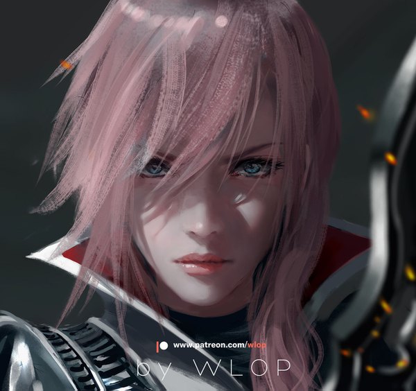 Anime picture 1300x1223 with final fantasy final fantasy xiii square enix lightning farron wlop single long hair looking at viewer blue eyes signed pink hair realistic grey background lipstick watermark portrait pink lipstick girl