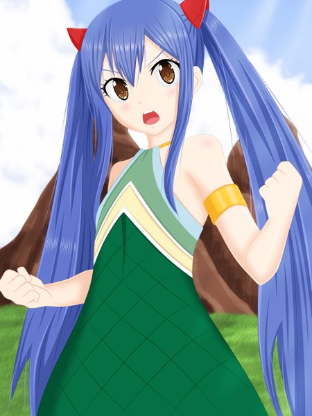 Anime picture 4050x5400 with fairy tail wendy marvell osama00 single long hair tall image highres open mouth twintails brown eyes blue hair absurdres sky cloud (clouds) loli coloring mountain girl dress bracelet