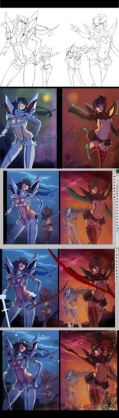 Anime picture 800x2802 with kill la kill studio trigger matoi ryuuko kiryuuin satsuki chiihun long hair tall image short hair blue eyes black hair brown hair standing multiple girls sky red hair multicolored hair midriff colored inner hair multiview multiple persona