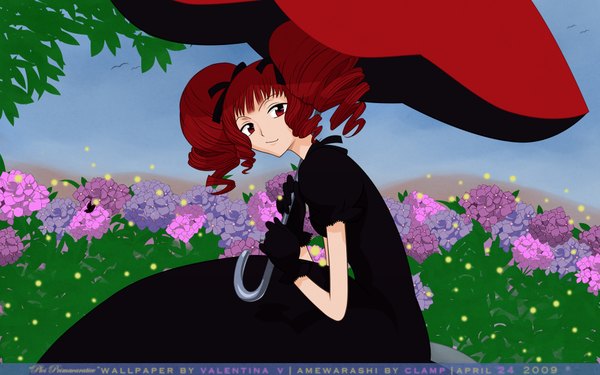 Anime picture 1920x1200 with xxxholic clamp ame warashi highres red eyes wide image twintails red hair wavy hair girl dress gloves flower (flowers) black dress umbrella