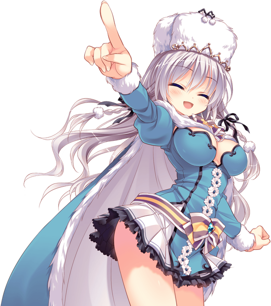 Anime picture 1155x1305 with love love princess anastasia imperator erland wori single long hair tall image blush fringe breasts open mouth smile large breasts silver hair braid (braids) eyes closed long sleeves pleated skirt outstretched arm transparent background girl