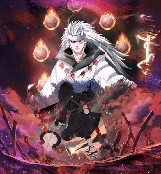 Anime picture 2239x2426 with naruto studio pierrot naruto (series) uchiha madara lo1000 long hair tall image highres black hair white hair one eye closed horn (horns) back dual persona rinnegan god crossed swords boy gloves weapon