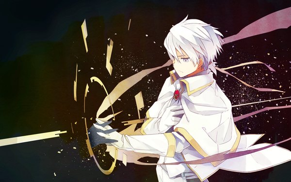 Anime picture 1000x625 with original takerusilt single fringe short hair hair between eyes white hair from above outstretched arm holding hands black background silver eyes serious boy gloves white gloves cape