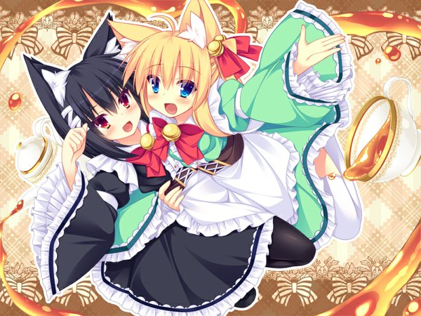 Anime picture 800x600 with original roshin long hair looking at viewer blush short hair open mouth black hair blonde hair red eyes multiple girls animal ears tail animal tail cat ears cat tail girl dress 2 girls bell