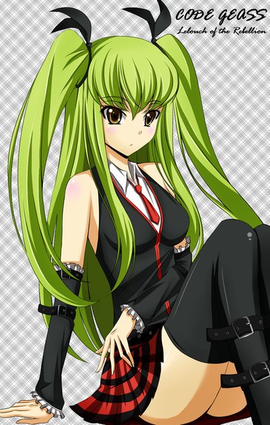 Anime picture 581x912 with code geass sunrise (studio) c.c. ccllsaikou single long hair tall image looking at viewer fringe light erotic twintails brown eyes green hair girl thighhighs skirt bow black thighhighs hair bow detached sleeves
