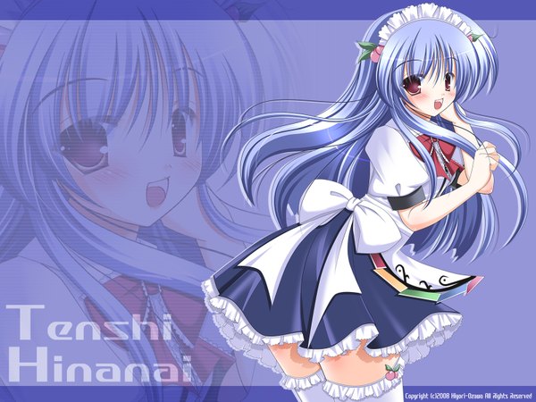 Anime picture 1600x1200 with touhou hinanawi tenshi hiyori-o long hair blush highres red eyes blue hair maid wallpaper zoom layer girl thighhighs peach