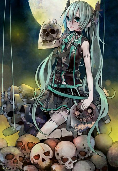 Anime picture 1200x1743 with vocaloid hatsune miku susu (artist) single long hair tall image sitting twintails bare shoulders aqua eyes aqua hair girl skirt necktie moon skull
