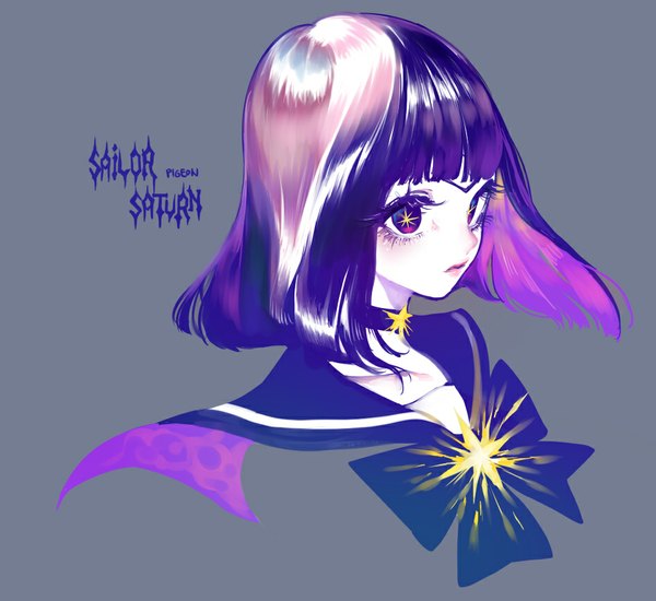 Anime picture 944x866 with bishoujo senshi sailor moon toei animation tomoe hotaru sailor saturn pigeon666 single fringe short hair simple background purple eyes signed looking away purple hair grey background character names symbol-shaped pupils portrait girl choker sailor suit